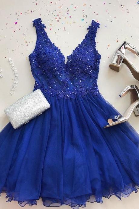 Sexy V-neck Royal Blue Lace Prom Dress Short , Fashion Lace Short Homecoming Dress, Above Length Short Party Gowns With Beaded