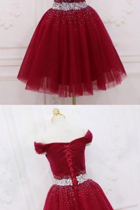 Off Shoulder Burgundy Tulle Beaded Short Homecoming Dress Custom Made Cocktail Party Gowns ,short Graduation Gowns