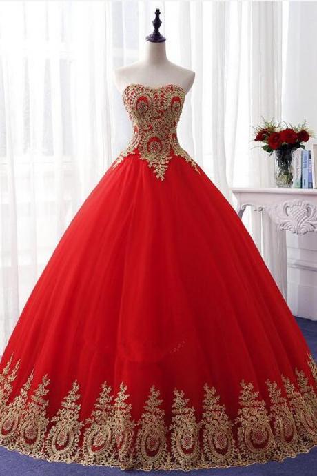 Vintage Red Tulle A Line Long Prom Dress With Gold Lace Appliqued Sweet 16 Prom Party Gowns ,strapless Ball Gown Quinceanera Dress