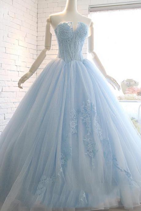Light Blue Tulle Lace Appliqued Long Prom Dress Sweet 16 Prom Party Gowns Plus Size Women Quinceanera Dresses