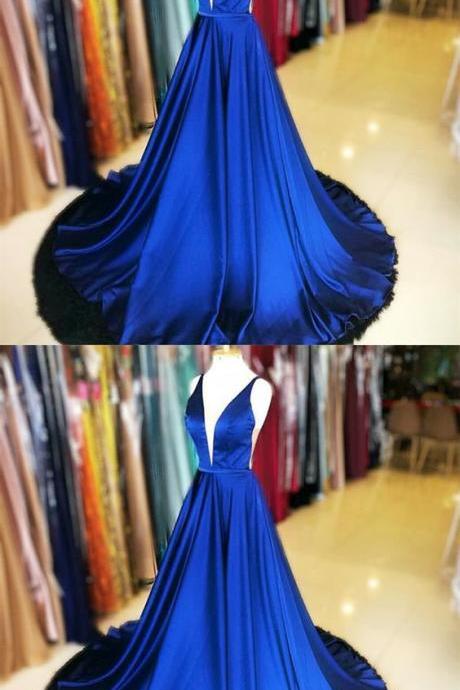 Elegant Royal Blue Deep V-neck Long Prom Dress, Prom Gowns .plus Size Formal Evening Dress , A Line Women Party Gowns