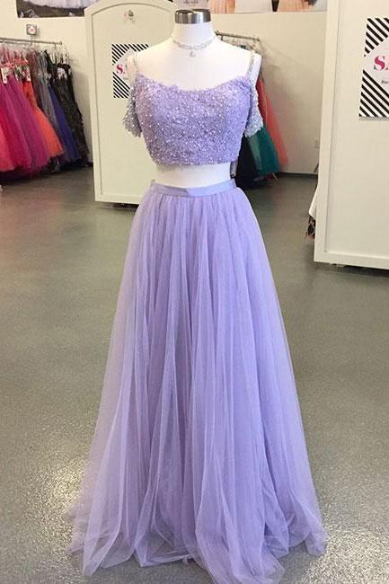 Sexy A Line Lavender Lace Two Pieces Long Prom Dress Custom Made Prom Gowns ,beaded Formal Evening Dress, Wedding Party Dress