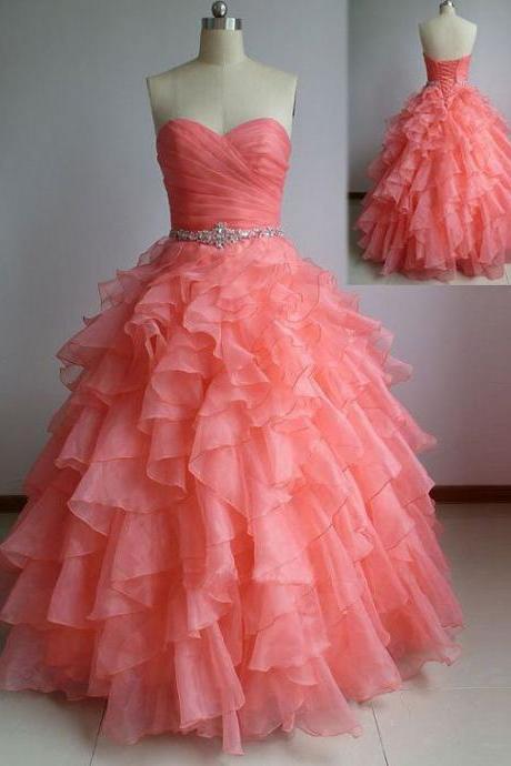 Fashion Coral Organza Beaded Prom Dress Sweet 16 Prom Gowns ,women Party Gowns , Wedding Guest Gowns , A Line Quinceanera Dress