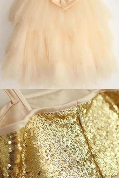 Sexy Gold Sequin Flower Girl Dress Custom Made Wedding Kids Party Gowns . A Line Children Party Gowns 