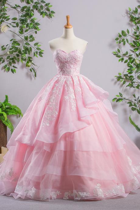 Pink Lace Ball Gown Quinceanera Dresses Sweet 15 Quinceanera Party Gowns Sweep Train Women Gowns