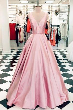 V-neck Pink Satin Long Prom Dress Plus Size Women Party Gowns , A Line Women Gowns ,formall Evening Dress