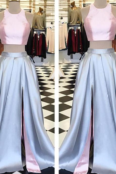 Sexy A Line Two Pieces Satin Long Prom Dress Custom Made Homecoming Party Gowns ,Prom Gowns Long 