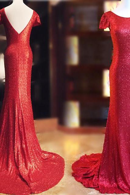 Floor Length Red Sequin Mermaid Bridesmaid Dress With Caped Sleeve Women Party Dress ,wedding Guest Gowns
