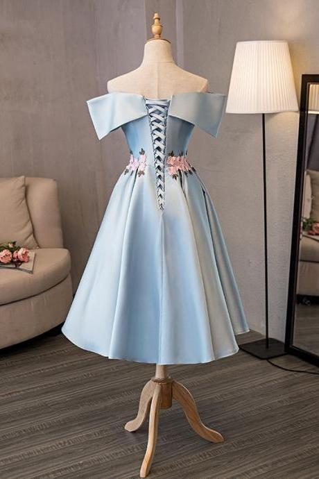 Light Blue Satin Short Homecoming Dress With Flowers Hand Made Custom Made Prom Party Gowns ,short Cocktail Dress 2019