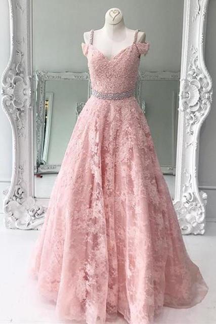 Pink Lace Prom Dress. Sexy A Line Prom Gowns ,plus Size Formal Evening Dress, Women Pageant Gowns