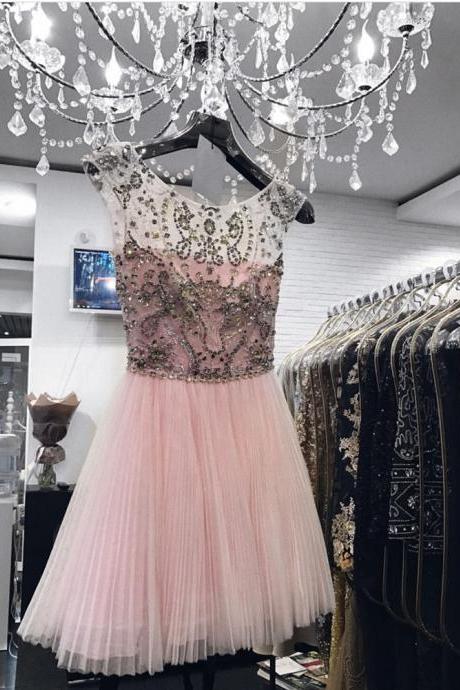 Luxury Beaded Short Homecoming Dress, Scoop Neck Cocktil Party Gowns Short, Short Graduation Gowns .pink Cocktail Party Gowns