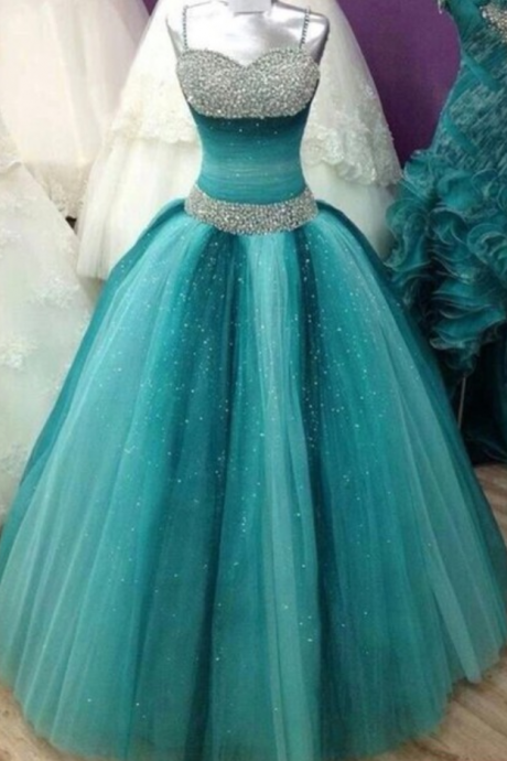 Bling Blue Tulle Beaded Ball Gown Prom Dress, Sweet 16 Quinceanera Dress, Long Prom Party Gowns
