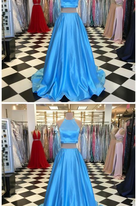 A Line Two Pieces Blue Satin Long Prom Dress Off Shoulder Prom Gowns , Women Pageant Gowns