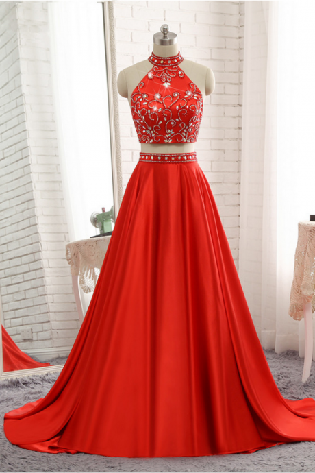 Sexy A Line Halter Beaded Crystal Long Prom Dress Plus Size Red Satin Prom Gowns , Long Evening Dress , Formal Gowns