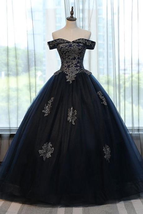 Fashion Long Navy Blue Tulle Ball Gown Quinceanera Dress With Gold Lace Women Party Gowns , Sweet 15 Quinceanera Gowns