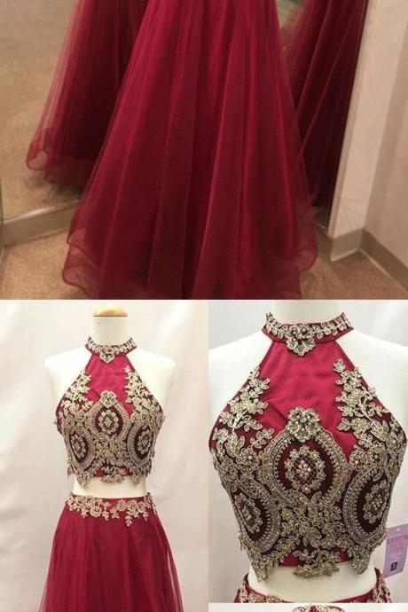 Elegant Two Pieces Tulle Long Prom Dress Custom Made Gold Lace Appliqued Formal Evening Dress, Red Tulle Prom Gowns 2 Pieces
