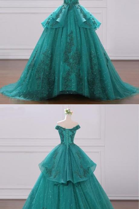 Elegant A Line Green Lace Prom Dress Off The Shoulder Women Party Gowns ,Formal Prom Gowns ,Appliqued Women Party Gowns 