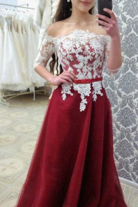 Sexy A Line Burgundy Satin Long Evening Dress With Half Sleeve Custom Made Prom Party Gowns , Prom Dresses
