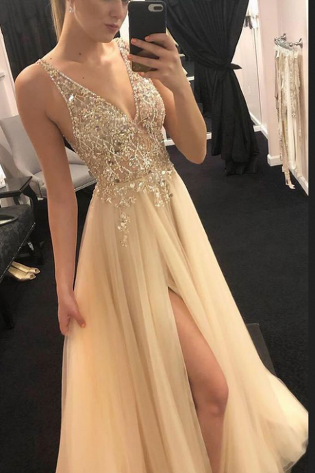 Luxury V-neck Beaded Crystal Long Prom Dresses Champaghe Tulle Women Evening Dresses Plus Size Prom Gowns