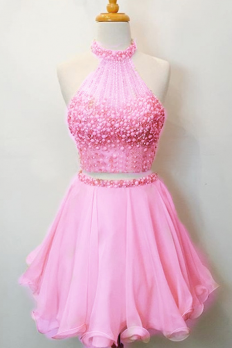 Two Piece Pink Chiffon Short Homecoming Dress ,short Cocktail Party Gowns , Custom Made Pink Cocktail Gowns