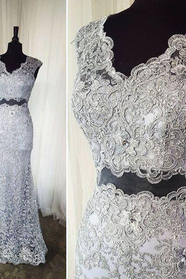 Fashion Two Pieces Silver Lace Prom Dress Mermaid 2019 Women Party Gowns , Long Prom Gowns , Sexy Evening Gowns