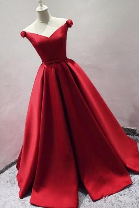 Off Shoulder Women Prom Dress Red Satin Ruffle Long Evening Party Dress, Formal Evening Dresses, Plus Size Party Gowns