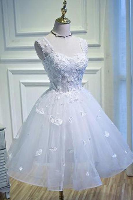 White Tulle Lace Short Homecoming Dress Spaghetti Strap Mini Prom Party Gowns, Junior Party Gowns