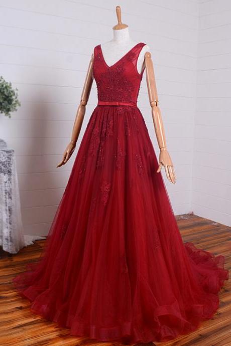 Sexy Burgundy Lace Tulle Long Prom Dress A Line Appliqued Prom Gowns ,formal Evening Dress ,