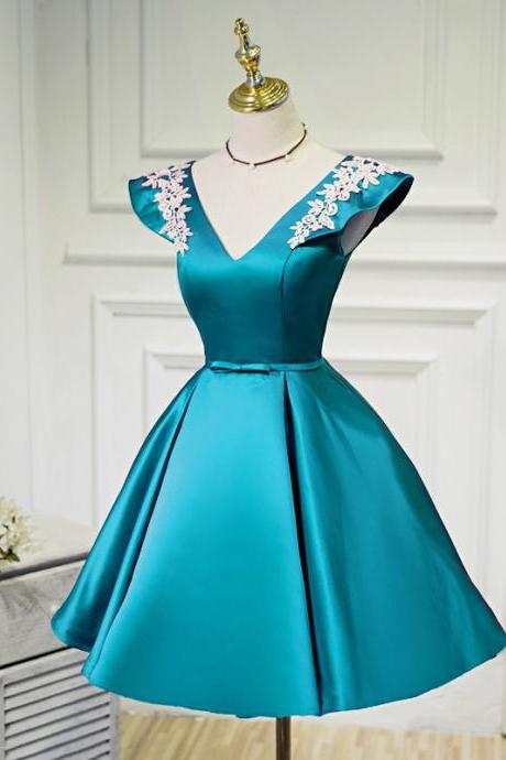 Short Homecoming Dress, Blue Satin Short Cocktail Dress, Mini Girls Party Gowns ,knee-length Junior Party Dress