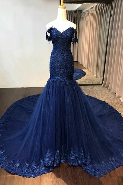 Navy Blue Lace Appliqued Mermaid Prom Dress Elegant Custom Made Formal Evening Dresses Plus Size Women Gowns