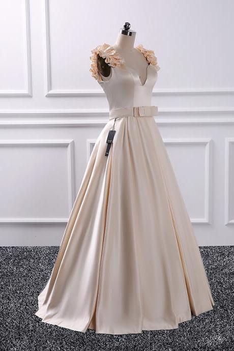 Light Champagne Satin A Line Prom Dress Prom Party Gowns , Sexy A Line Formal Evening Dress