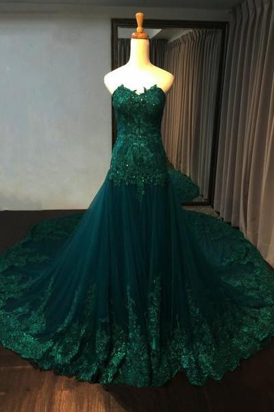 Fashion Dark Green Tulle Lace Sweep Train Prom Dresses 2019 Custom Made Sweetheart Appliqued Formal Evening Dress