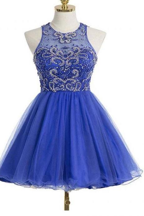 Shiny Beaded Crystal Royal Blue Tulle Short Homecoming Dress Custom Made Backless Short Junior Prom Gowns , A Line Graduation Gowns