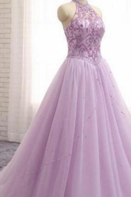 Custom Made Sexy Lavender Beaded Tulle Long Prom Party Dresses Plus Size Halter Prom Gowns , Plus Size Evening Dress