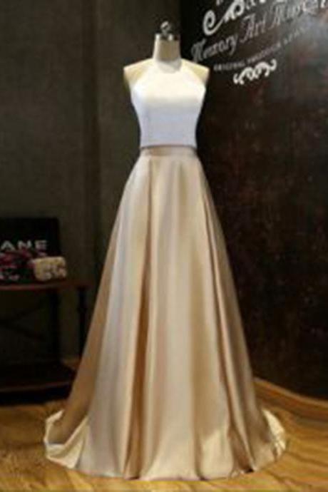 Long Prom Dress. White And Champagne Satin Two Pieces Prom Dresses, Strapless Women Party Gowns .wedding Prom Party Gowns Halter Prom Dress