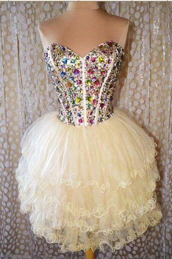Luxuty Crystal Beaded Tulle Short Homecoming Dress , Sweet 16 Prom Gowns , Knee Length Homecoming Party Gowns 