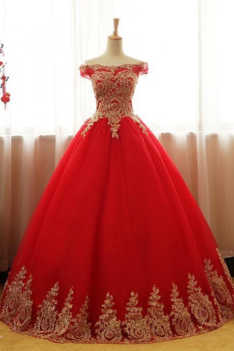 Luxury Red Tulle Ball Gown Women Quinceanera Dress With Gold Lace Appliqued Strapless Long Prom Dresses. Quinceanera Gowns