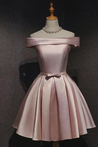 Sexy A Line Pink Satin Short Bridesmaid Dress Off Shoulder Mini Maid Of Honor Gowns ,sexy Girls Homecoming Party Dress