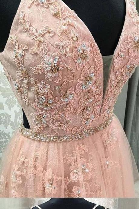 Pink Lace Formal Evening Dress A Line Beaded Women Prom Dress Sexy Backless Prom Party Gowns