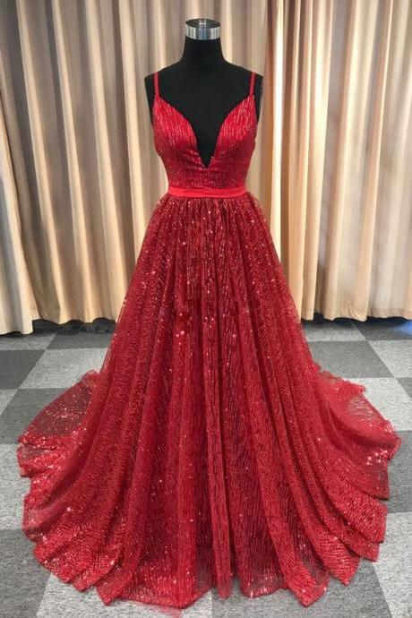 Shiny Red Sequin A Line Long Prom Dresses Spaghetti Strap Prom Party Gowns 2019