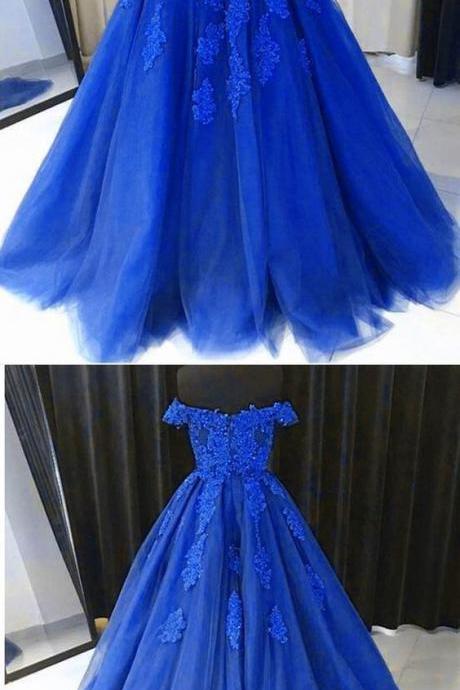 Elegant Royal Blue Lace Tulle A Line Prom Dress Off Shoulder Women Party Gowns , Formal Evening Party Dresses,sweet 16 Quinceanera Dresses