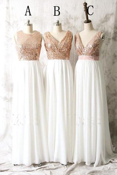 Cheap A Line Rose Gold Sequin White Chiffon Ruffle Long Bridesmaid Dress ,Plus Size Maid Of Honor Gowns 