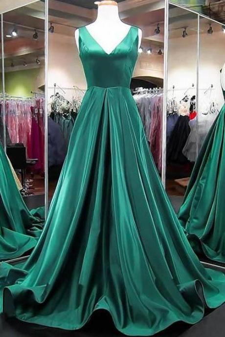 Elegant Green Satin Long Prom Dress Deep V-neck Prom Party Gowns Plus Size Formal Evening Dress