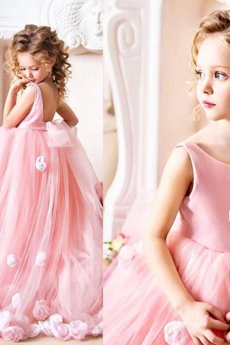 Pink Tulle Flower Girl Dress Custom Made Wedding Party Gowns For Little Kids,sexy Backless Birthday Gowns