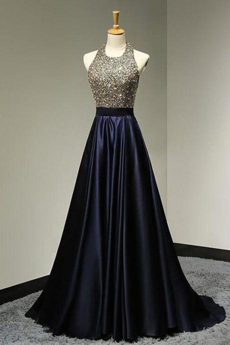 Dark Blue Satin Beaded Scoop Neck Long Prom Dress A Line Formal Evening Dresses Plus Size Prom Gowns