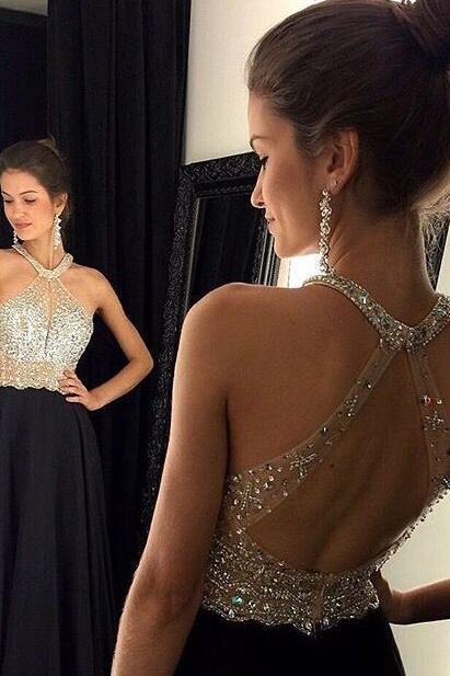 Elegant Black Chiffon Prom Dress Backless Long Prom Gowns , Sexy A Line Evening Gowns 