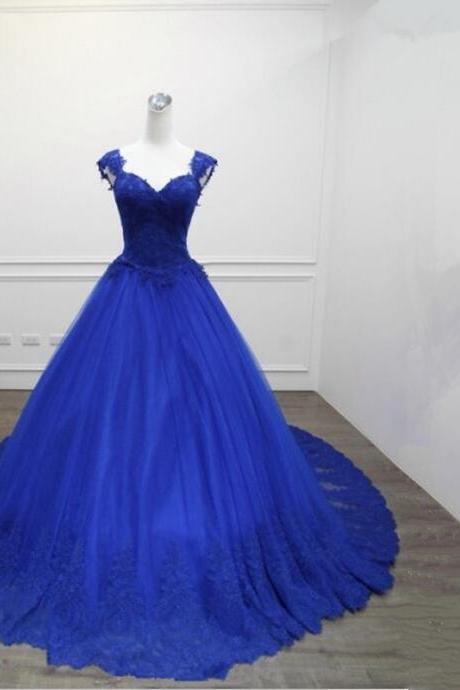 Custom Made Scoop Royal Blue Lace Ball Gown Prom Dresses 2019 Women Party Gowns ,Sexy Pricess Evening Dress 