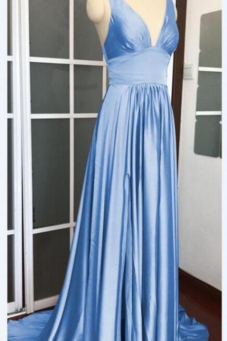 Fashion Light Blue Satin A Line Long Prom Dress,Cheap Bridesmaid Dress, Custom Made Women Party Dress 