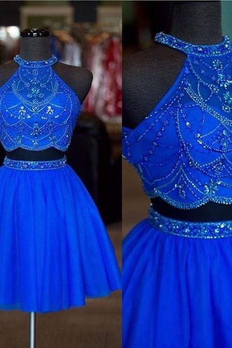 Sexy Royal Blue Beaded Two Pieces Short Homecoming Dress, A Line Short Prom Gowns , Wedding Party Gowns , Short Cocktail Gowns
