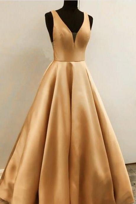 Gold Satin V-neck Long Prom Dress. A Line Prom Party Gowns ,custom Made Party Gowns ,plus Size Women Gowns